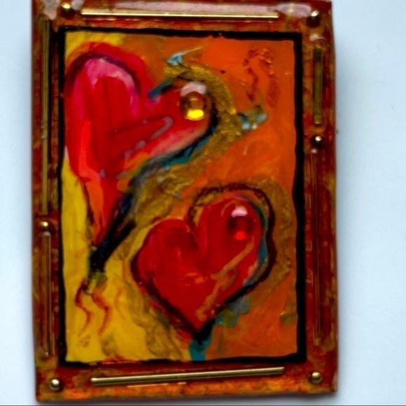 Vintage Red Yellow Acrylic over Paper Art Deco Heart Brooch Pin EUC - Picture 4 of 6